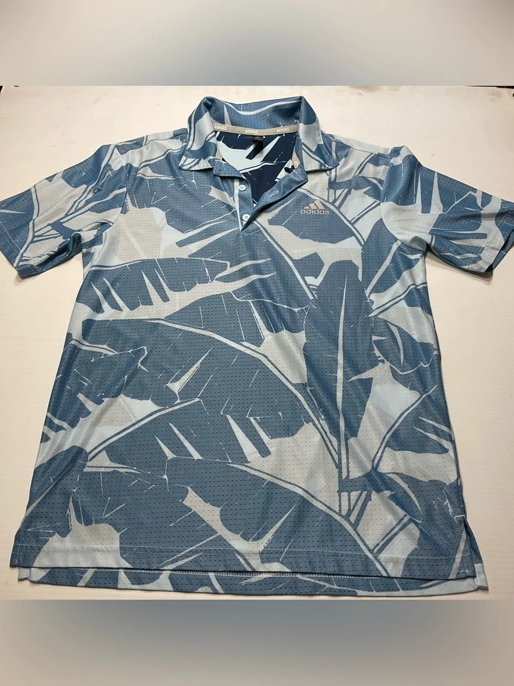 Adidas Golf Palm Leaf Mesh Polo Shirt Blue Airflow Tropical Sz S